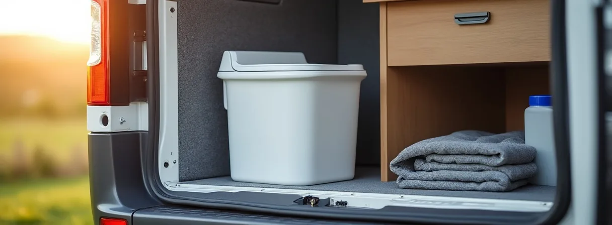 Tragbare Campingtoilette und Wasserkanister im Heck eines Kastenwagens