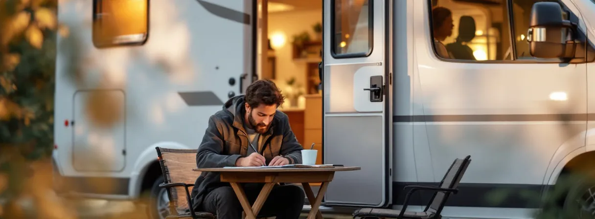 Person sitzt am Campingtisch vor einem Wohnmobil und liest Notizen