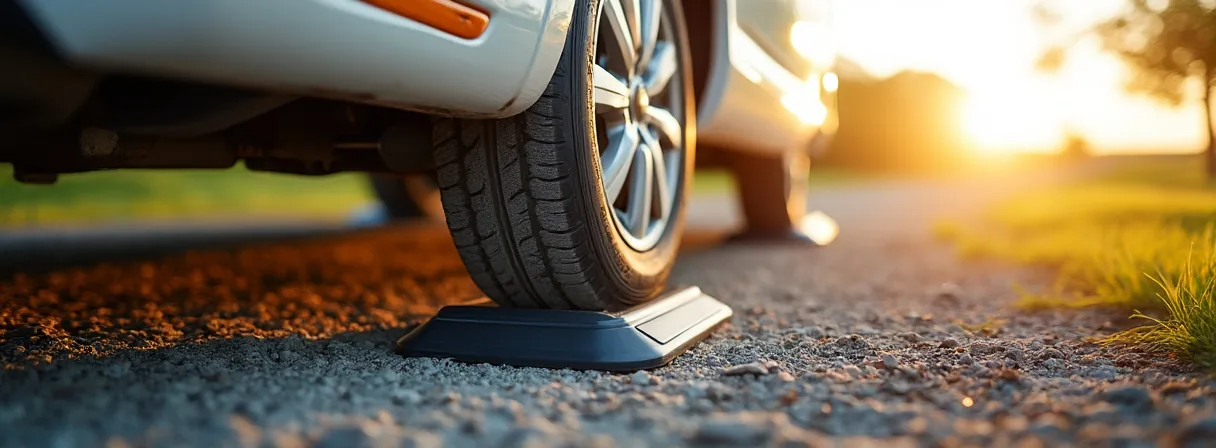 Vorderrad eines Wohnmobils auf einem schwarzen Auffahrkeil auf Schotter im Abendlicht