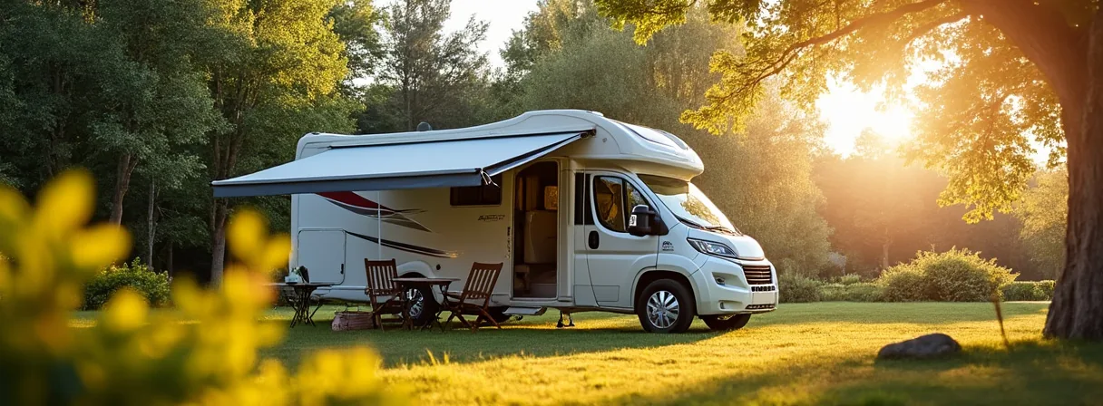Wohnmobil mit ausgefahrener Markise auf einem sonnigen Campingplatz zwischen Bäumen