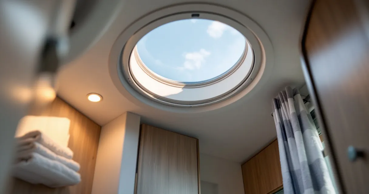 Pilzlüfter und gekippte Dachluke an der Decke eines kleinen Wohnmobil-Bads