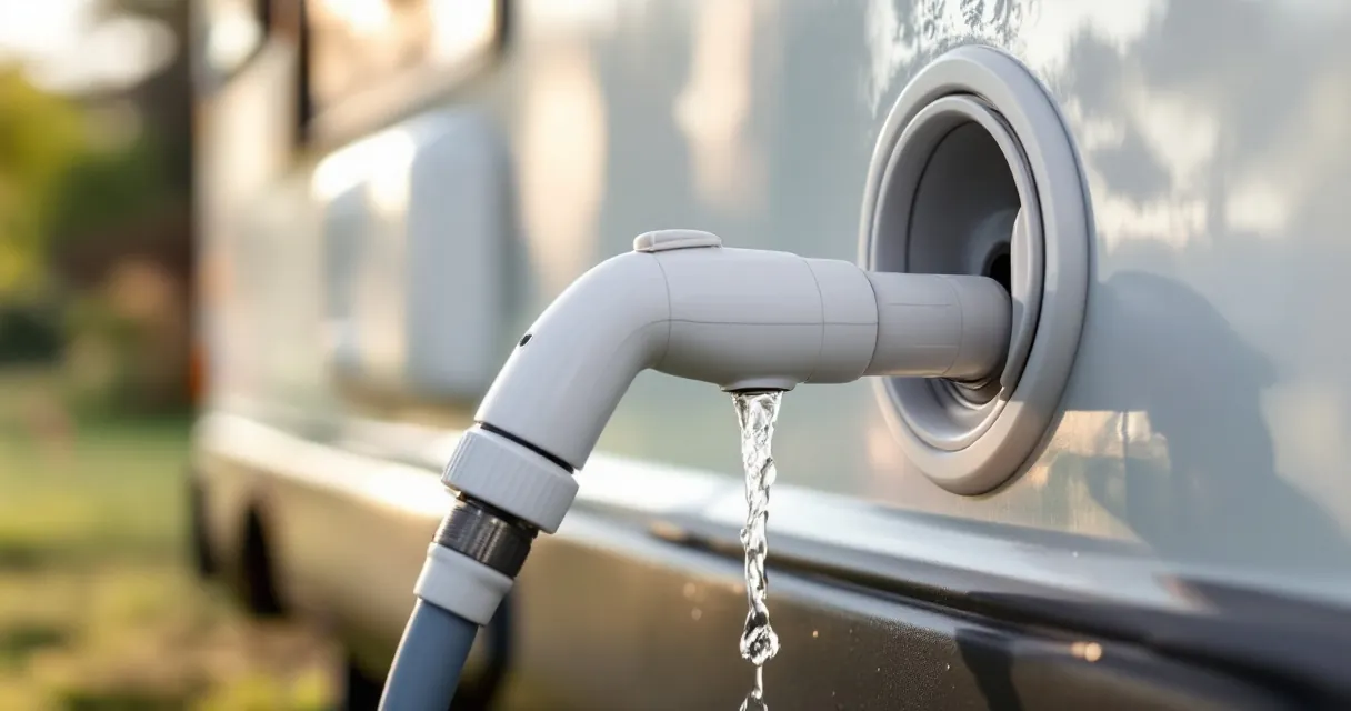 Befüllen eines Wohnmobil-Frischwassertanks mit einem Trinkwasserschlauch an einer Versorgungssäule