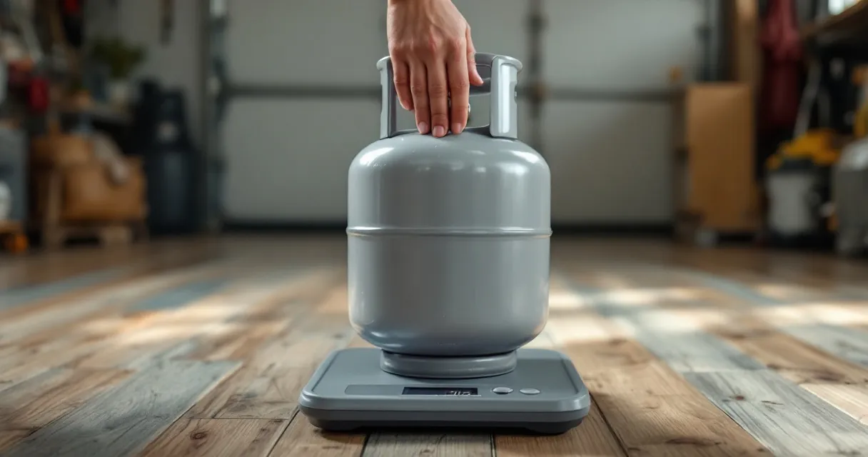 Graue Gasflasche steht auf einer Waage