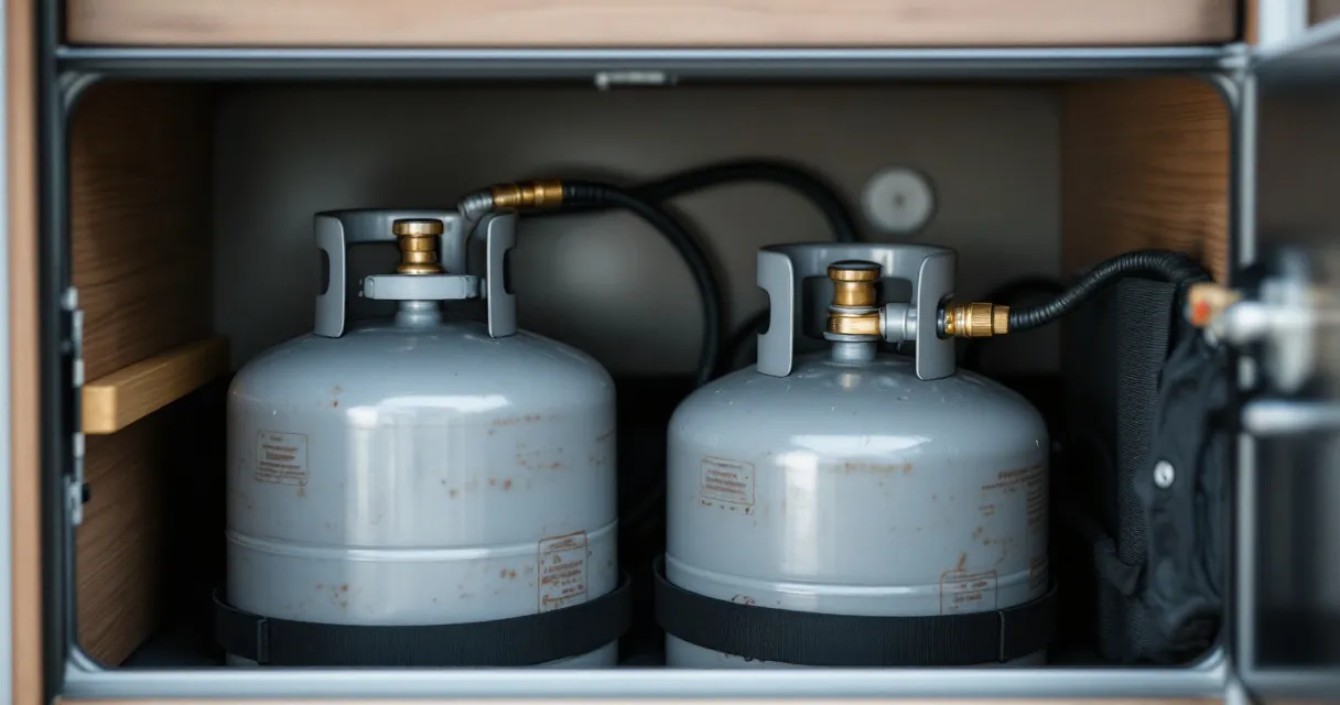 Zwei graue Gasflaschen im Gaskasten eines Wohnmobils, mit Gurten gesichert