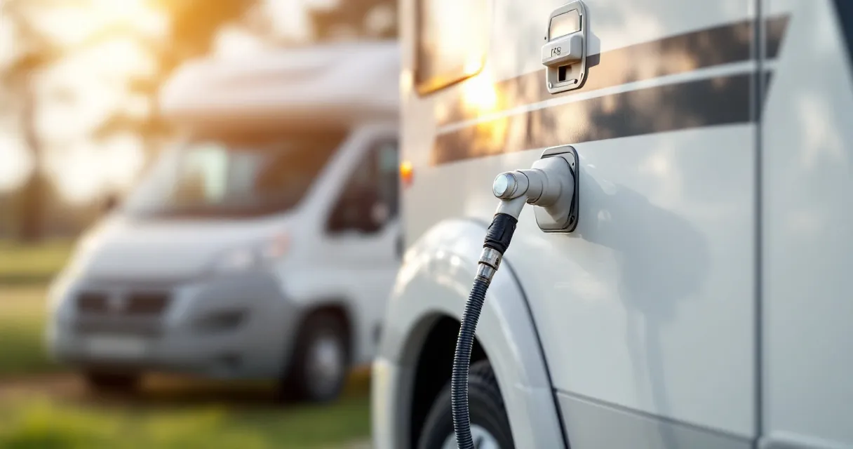 Wohnmobil an einer LPG-Zapfsäule, ein Tankadapter steckt im Außenanschluss