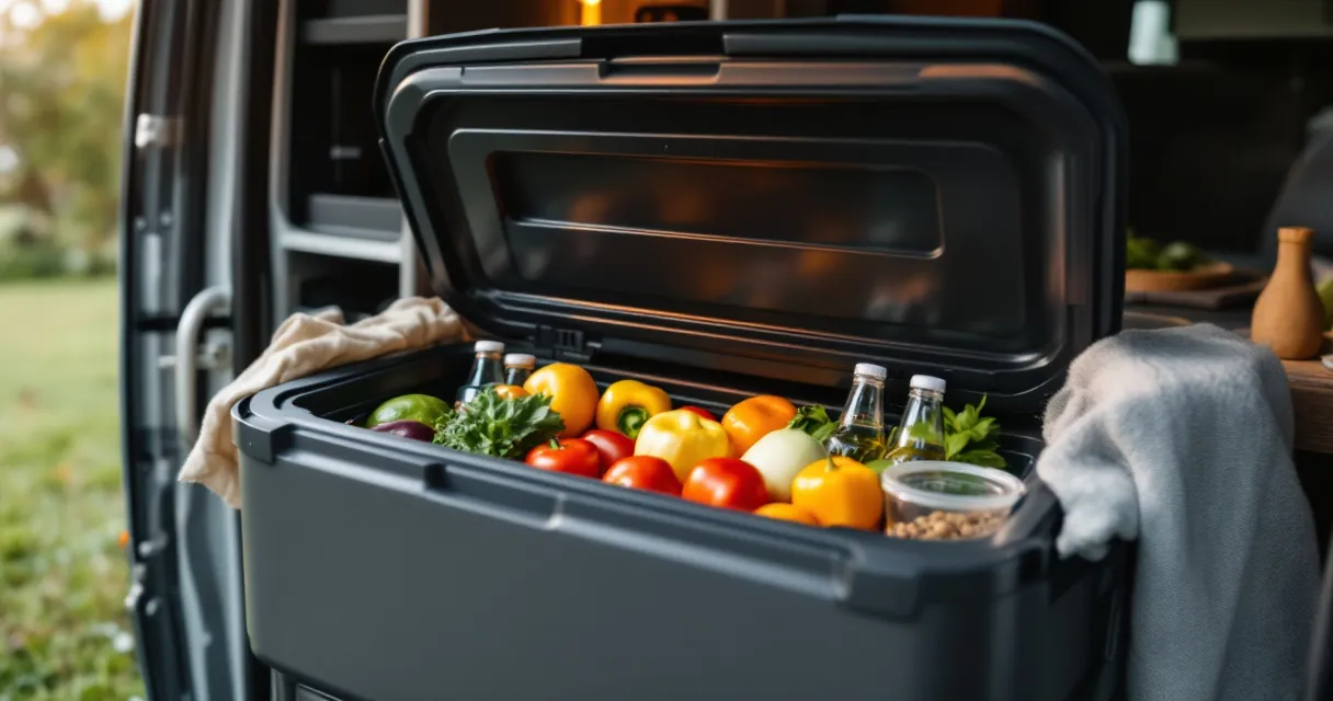 Geöffnete Kompressor-Kühlbox mit Getränken und Lebensmitteln im Wohnmobil