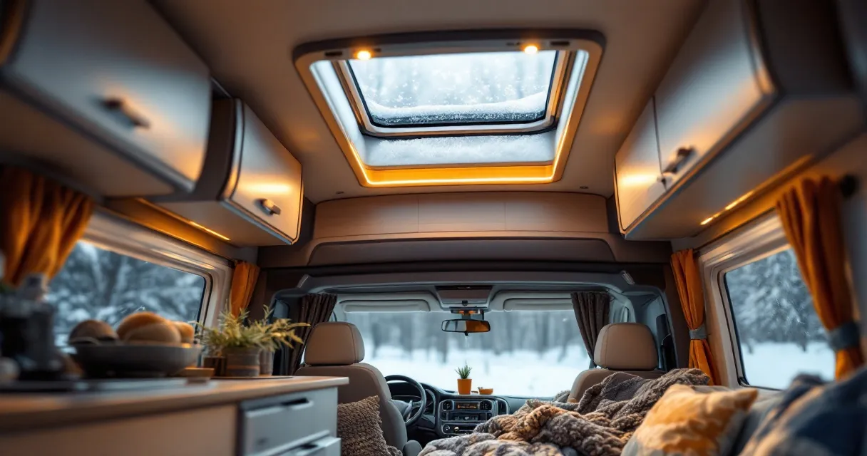 Geöffnete Dachluke in einem Wohnmobil im Winter, Schnee auf dem Dach, warme Innenbeleuchtung