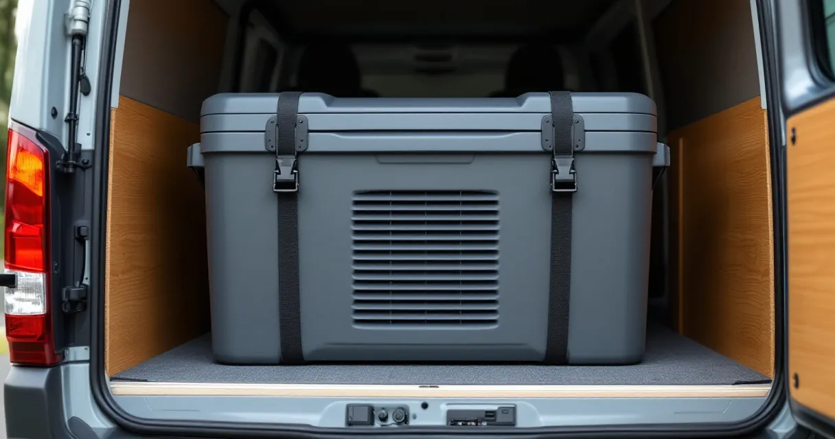 Kühlbox mit freien seitlichen Lüftungsschlitzen, festgezurrt im Heck eines Wohnmobils