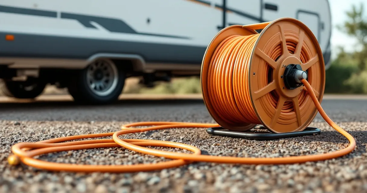 Kabeltrommel mit orangefarbenem Kabel neben einem Wohnmobil auf trockenem Kies