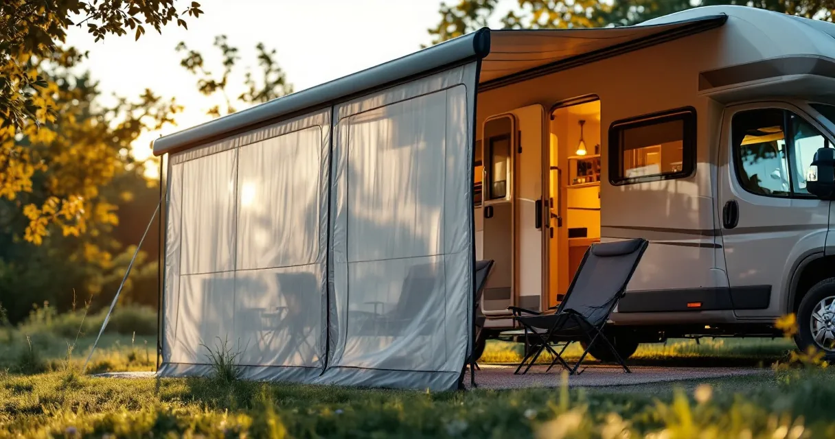 Ausgefahrene Wohnmobil-Markise mit eingezogenem Sonnenblocker an der Vorderseite, Abendsonne