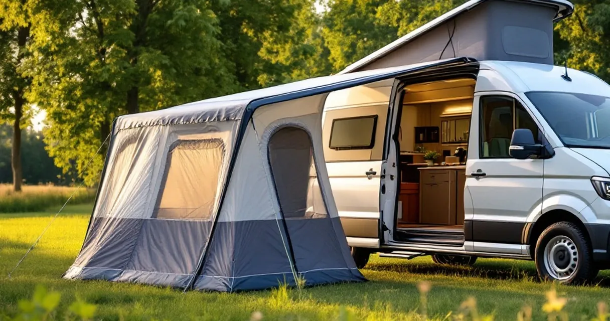 Freistehendes Busvorzelt mit Tunnelanschluss an einem Kastenwagen auf einer Campingwiese