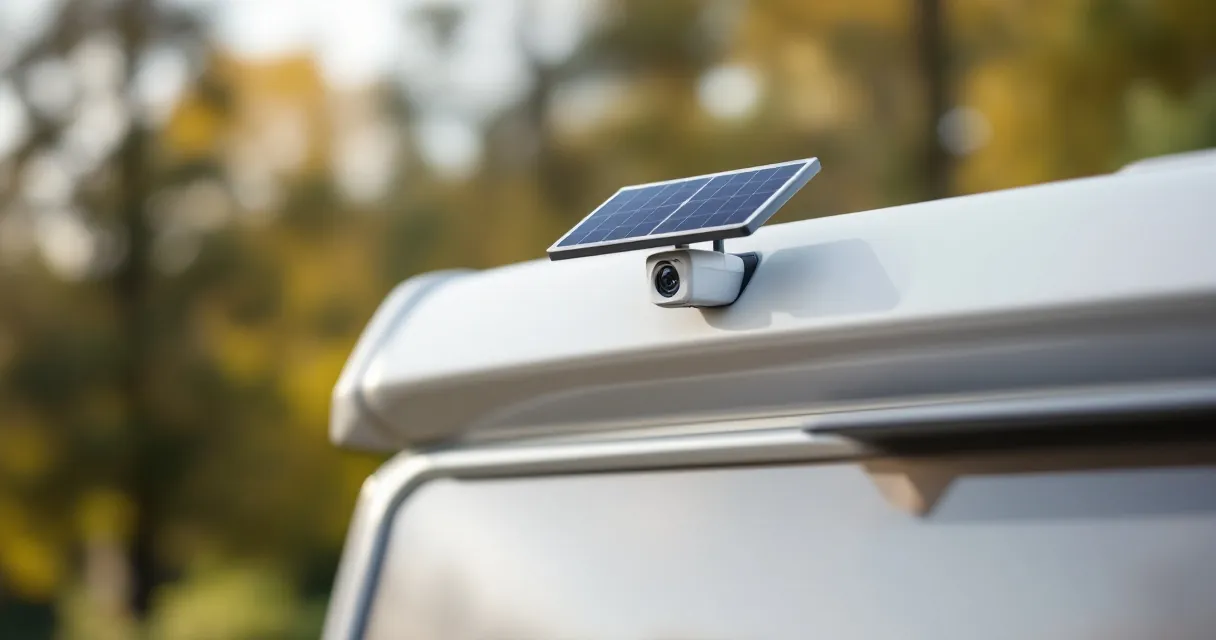 Kleine Rückfahrkamera mit Solarpaneel oben mittig am Heck eines weißen Wohnmobils montiert