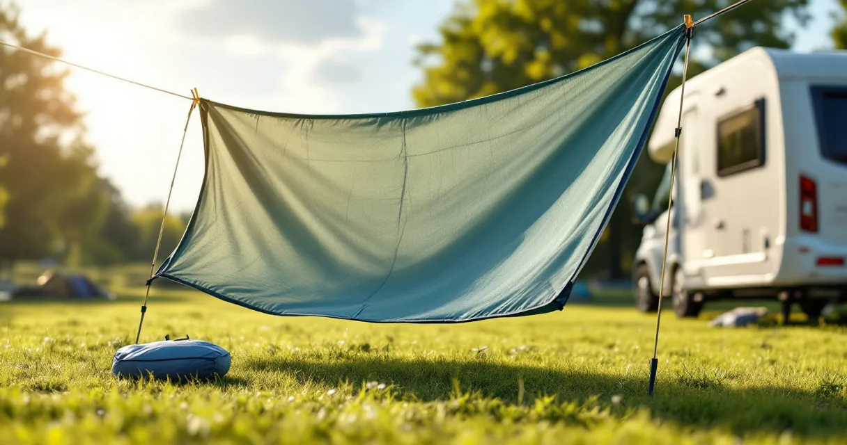 Vorzelt wird zum Trocknen über einer Leine in der Sonne ausgebreitet, daneben ein Beutel mit Heringen