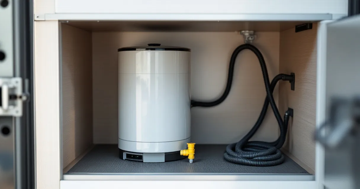 Warmwasserboiler im Wohnmobil-Stauraum mit gelbem Sicherheits-Ablassventil und Schläuchen