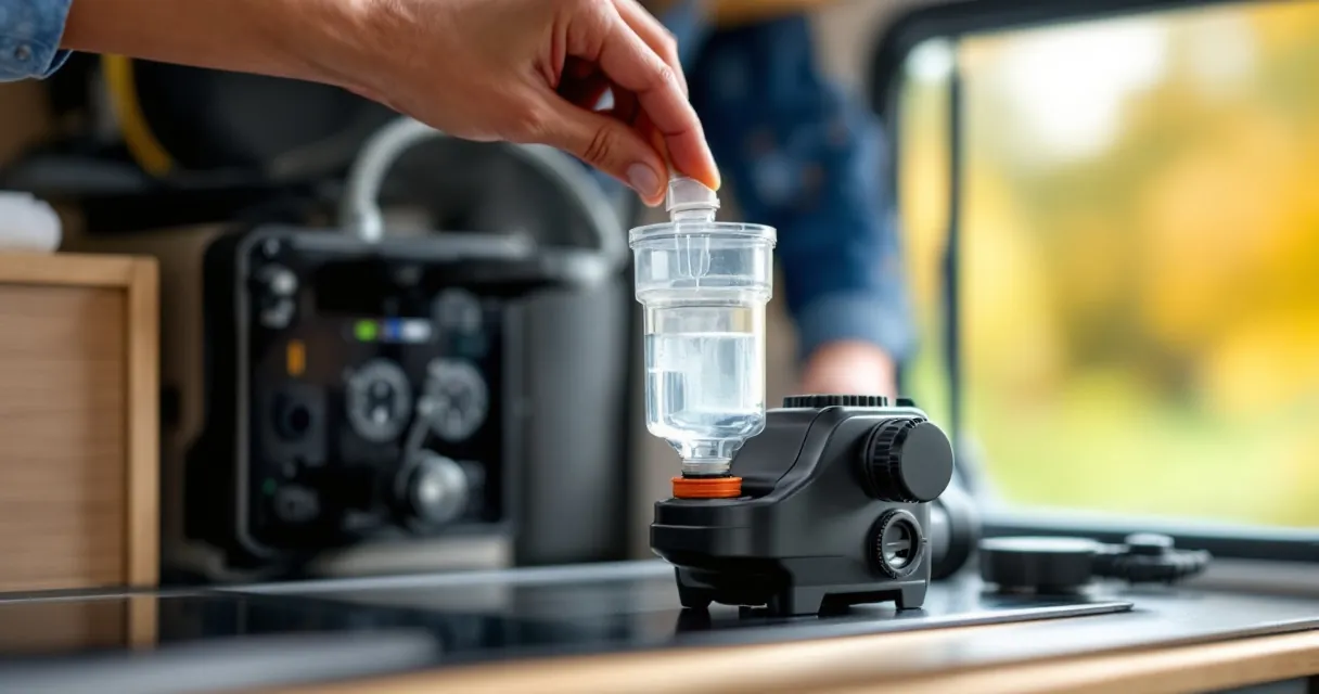 Hand öffnet das Gehäuse eines kleinen Wasserfilters vor einer Wohnmobil-Druckpumpe