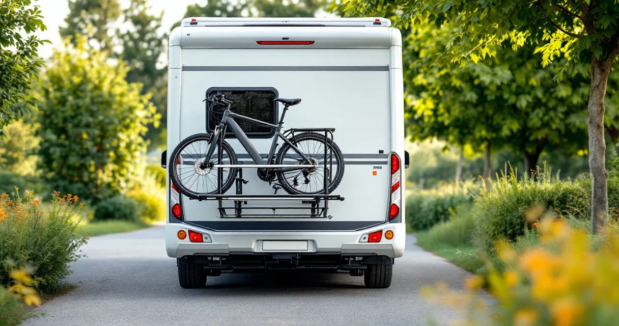 Beladener Fahrradträger mit zwei E-Bikes am Heck eines Wohnmobils