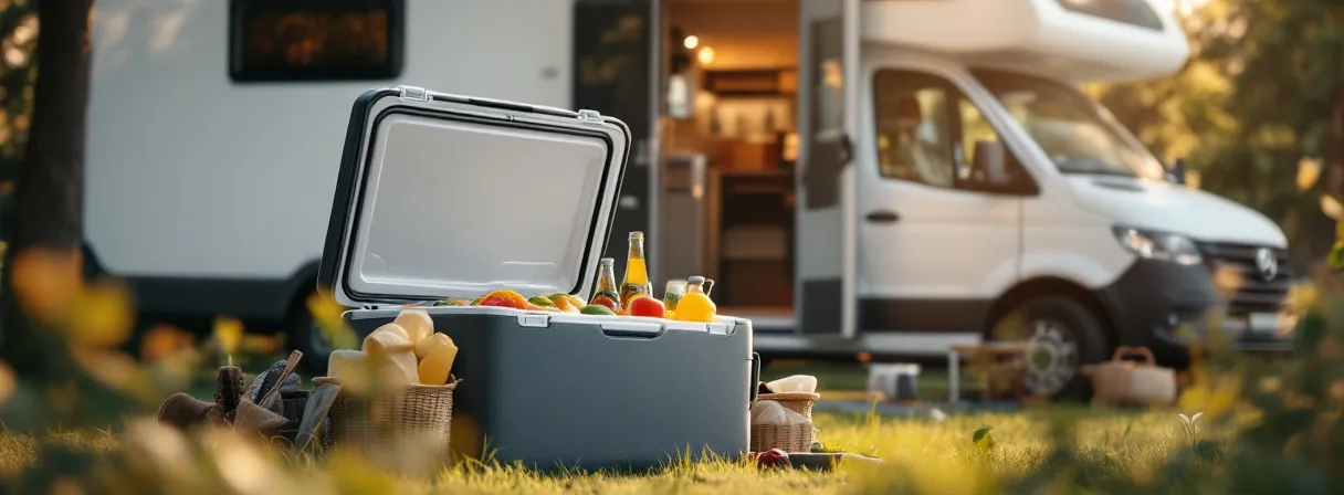 Geöffnete Kompressor-Kühlbox mit Getränken und Lebensmitteln neben einem Wohnmobil im Schatten