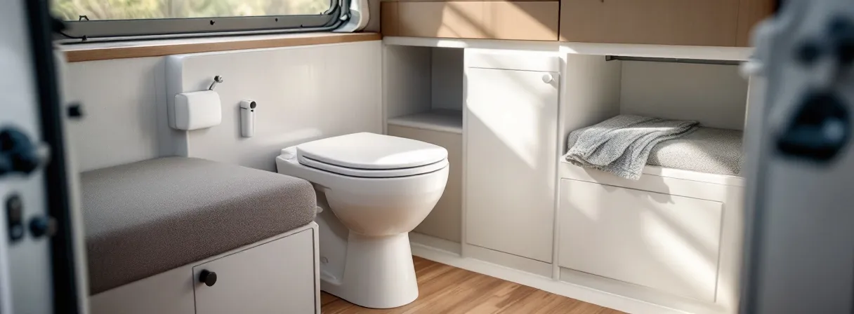 Tragbare Campingtoilette in einem aufgeräumten Kastenwagen-Innenraum neben einer Sitzbank